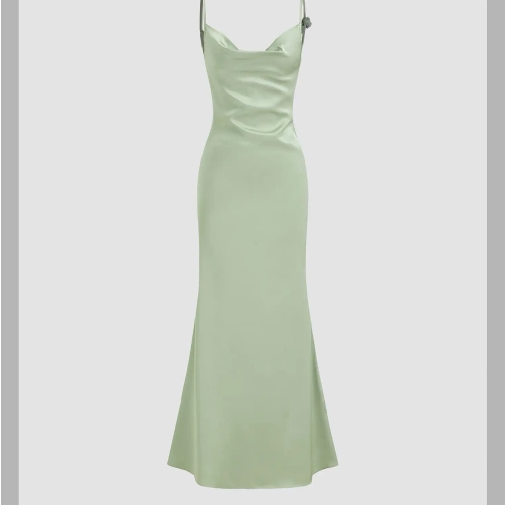 Cider Satin Cowl Neck 3D Floral Ruched Mermaid Maxi Dress